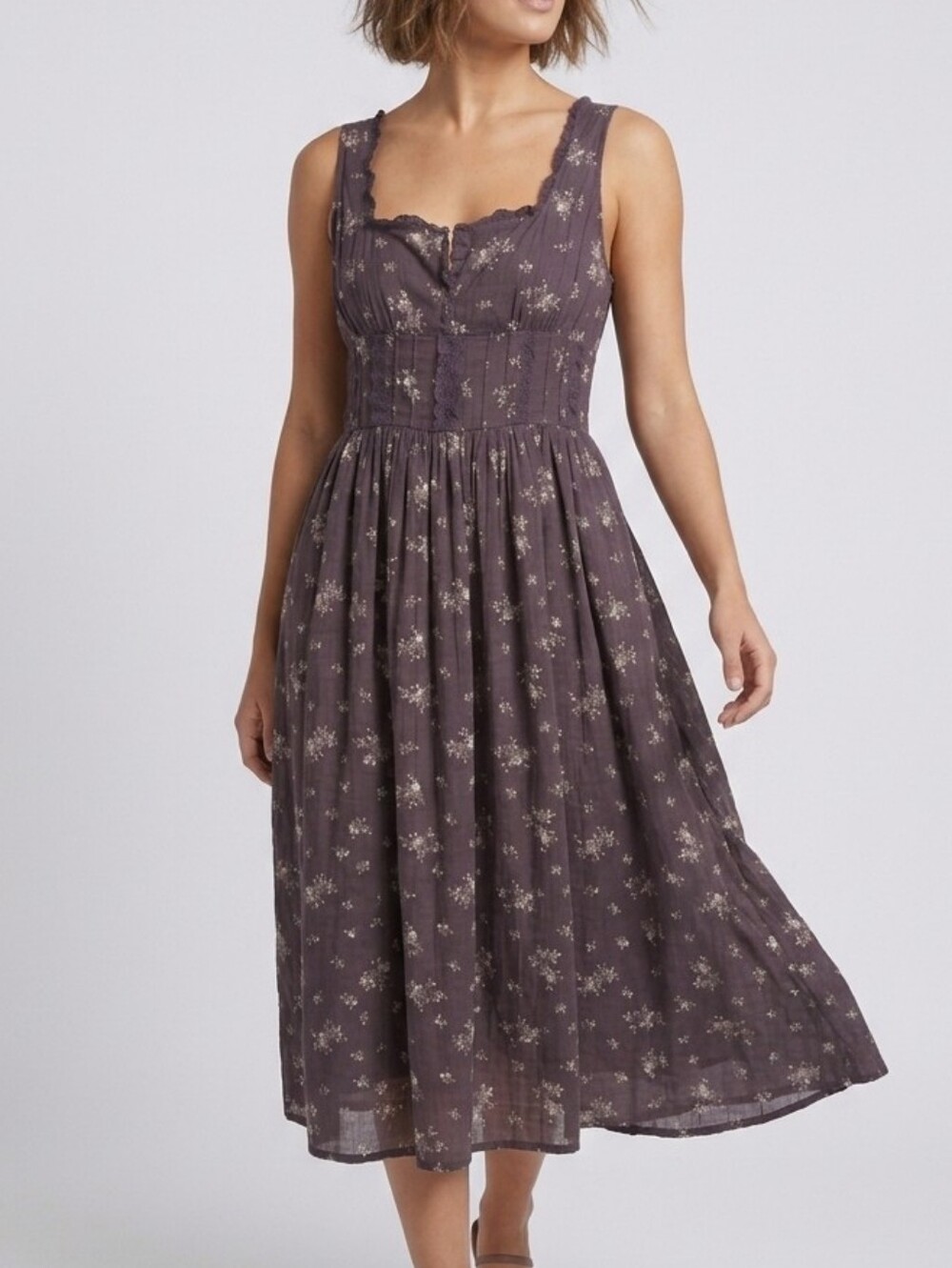 American Eagle Gray Floral Smocked Cotton Midi Dress Corset Milkmaid XS